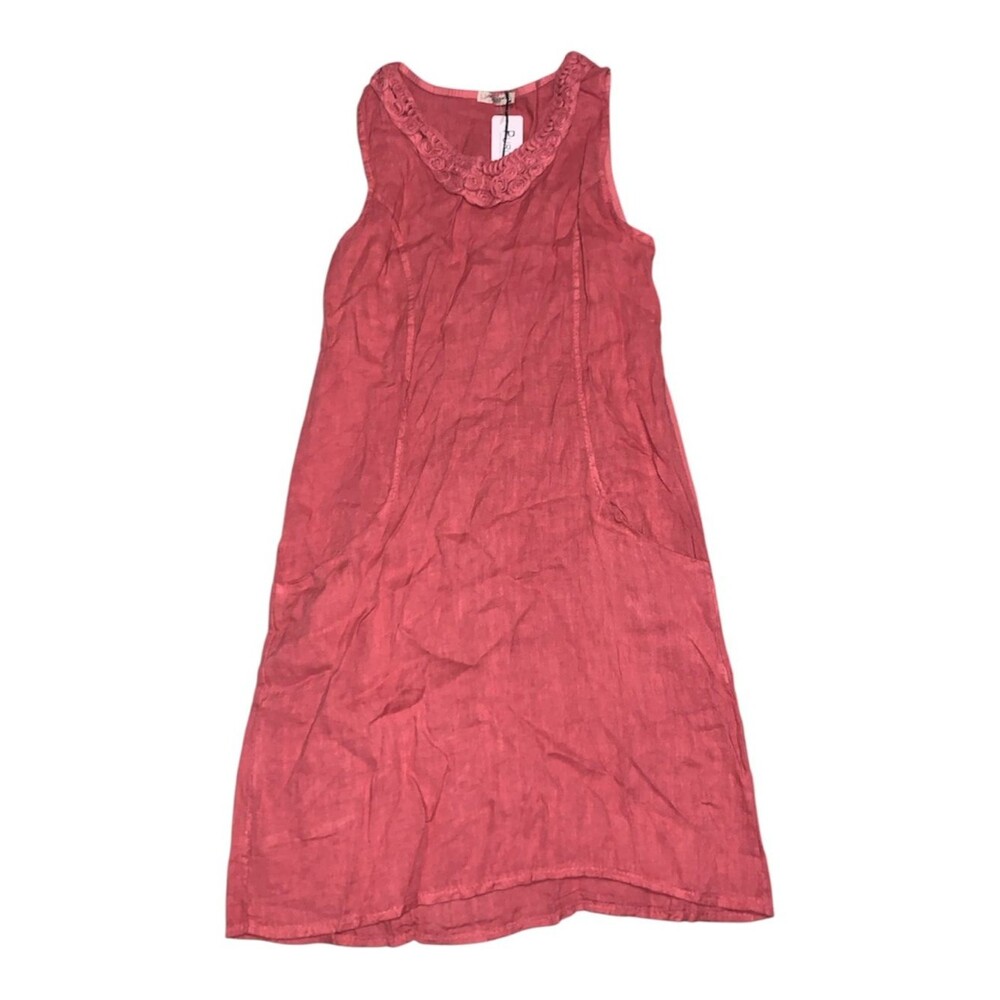 100% Linen Dress Rose Linen Dress with Floral Neckline